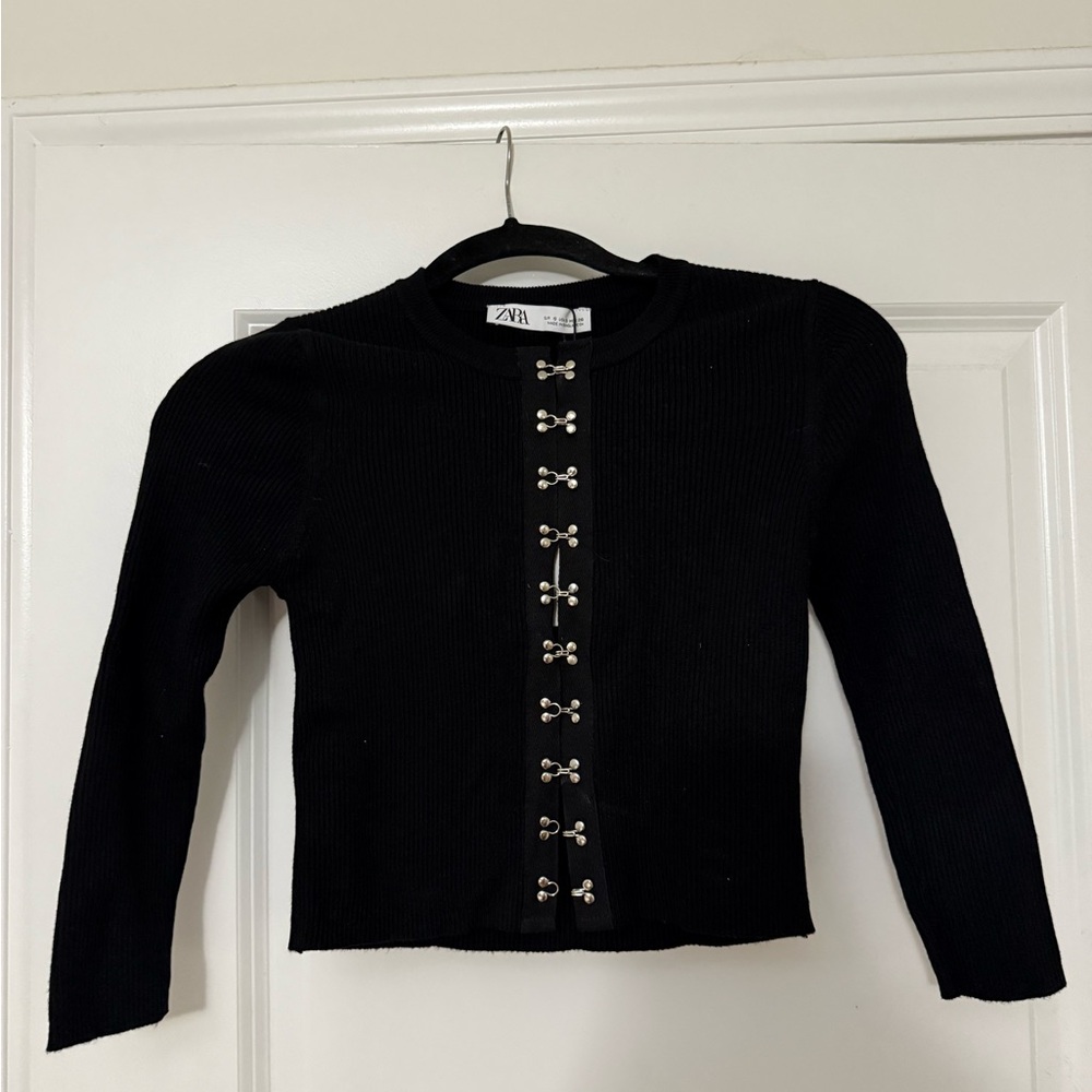 Zara Black Ribbed Cardigan with Silver Hooks Corset Style Top